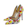 Women's Sexy 12cm Color Checkered High Heels, Patent Leather, Pointed Fashion Party Shoes, Dress Shoes, Thin Heels 10cm