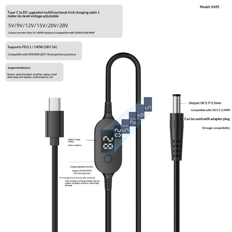 140W Type C to DC Charging Cable Set Wide Voltage Compatible Fast Charging Cord for Laptops Routers Small Office Electronics