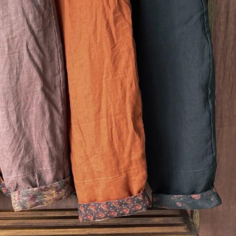 Johnature Женские винтажные льняные брюки с эластичной резинкой на талии плюс хлопковые теплые зимние брюки, однотонные свободные длинные брюки с карманами