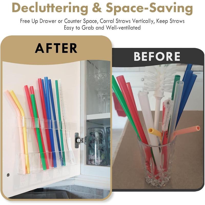 Straw Holder for Cabinet Door - Child-Safe Organizer Dispenser with Smooth Rounded Edges for Kitchen Accessories Storage Adhesive Circles Included