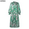 VONDA Oversized Women Casual V Neck Long Sleeve Floral Print Belt Smooth Loose Dress