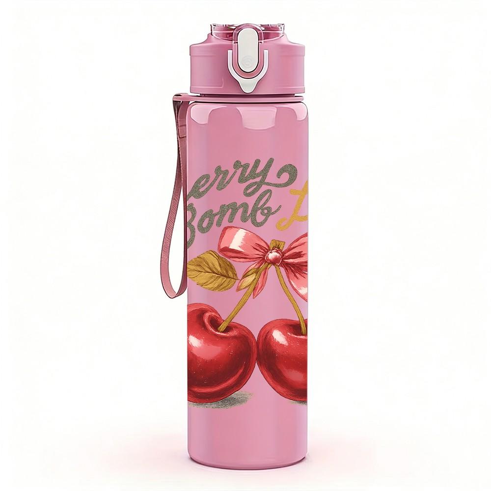 1PC Cherry Fruit Quote 750ml Color Plastic Sports Water Bottle Leakproof Flip Straw Lid Suitable for Sports Office Home Use