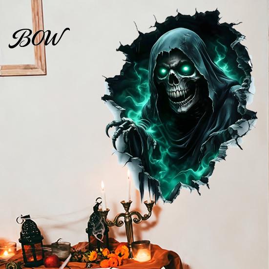 Decorative Wall Film Halloween Theme Sticker, Horror Skull Decal, Waterproof Self-adhesive Glowing Stickers Art, for Home Living Room Bedroom