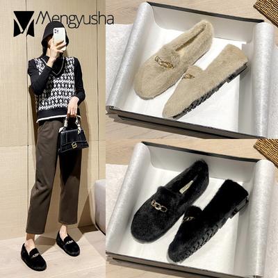 Модные зимние зимние ботинки из меха норки женские мокасины из хлопка с металлическими цепями женские удобные нескользящие туфли на плоской подошве меховые мокасины женские теплая обувь