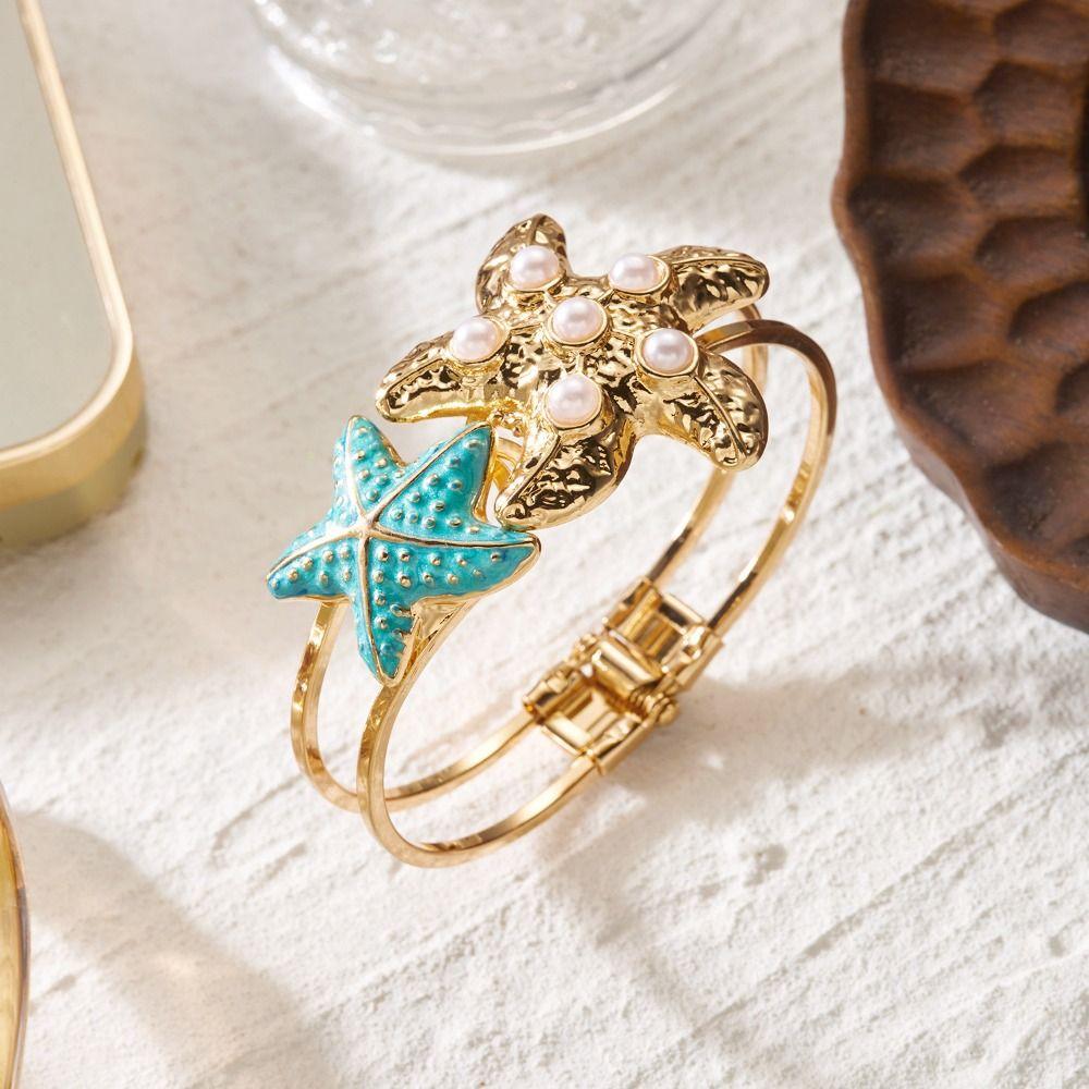 Creative Pearl Shell Starfish Cuff Enamel Ocean Vibe Metal Bracelet Gold Color Irregular Open Bangle Women