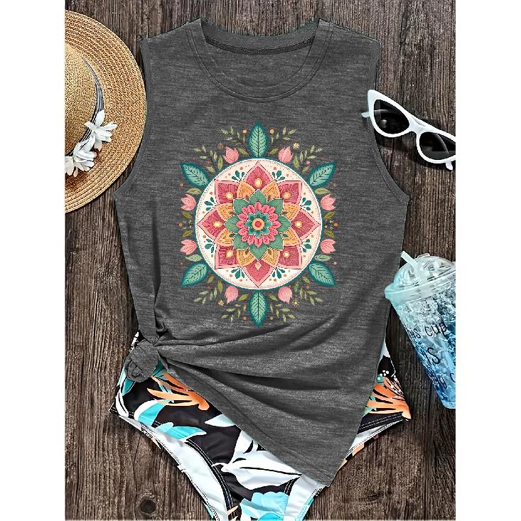 Elegant Vest for Women Bohemian colorful floral mandala print casual loose summer vest Fashionable and elegant tops for commuting, vacation, and