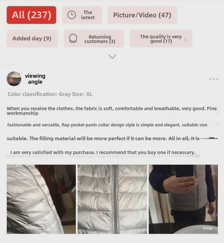 Men's Lightweight Down Cotton Vest Jacket - Large, Warm, Fashionable Stand-Up Collar