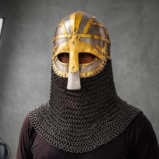 Medieval Chainmail Coif Helmet with Brass Face Mask Knight Armor Hood LARP Cosplay Costume