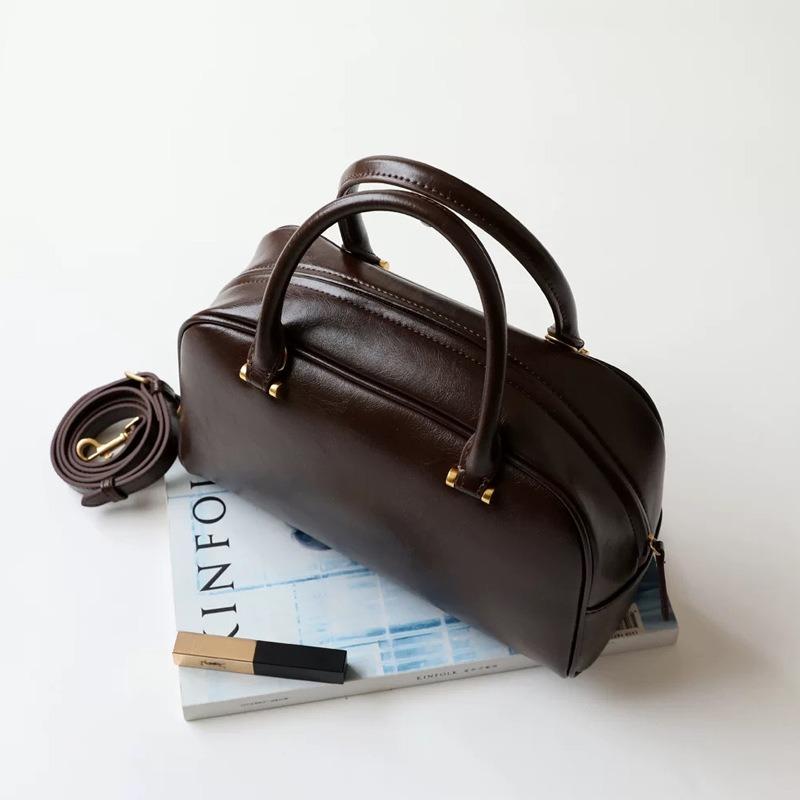 Boston Bag Genuine Leather Bowling Bag Women's Korean Cowhide Handbag Shoulder Bag Crossbody Bag