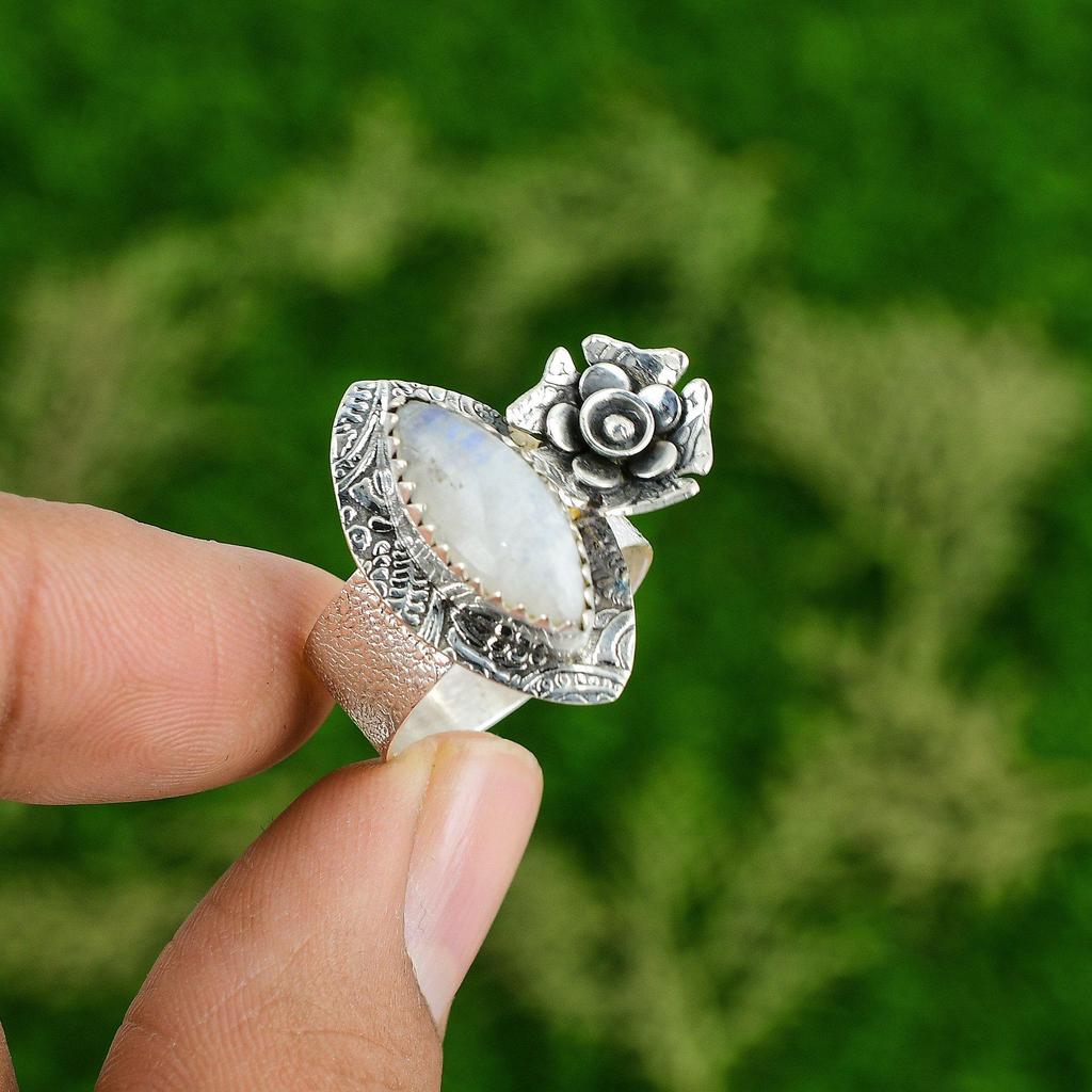 Natural Rainbow Moonstone 925 Silver Statement Flower Ring Size 9.25 For Women