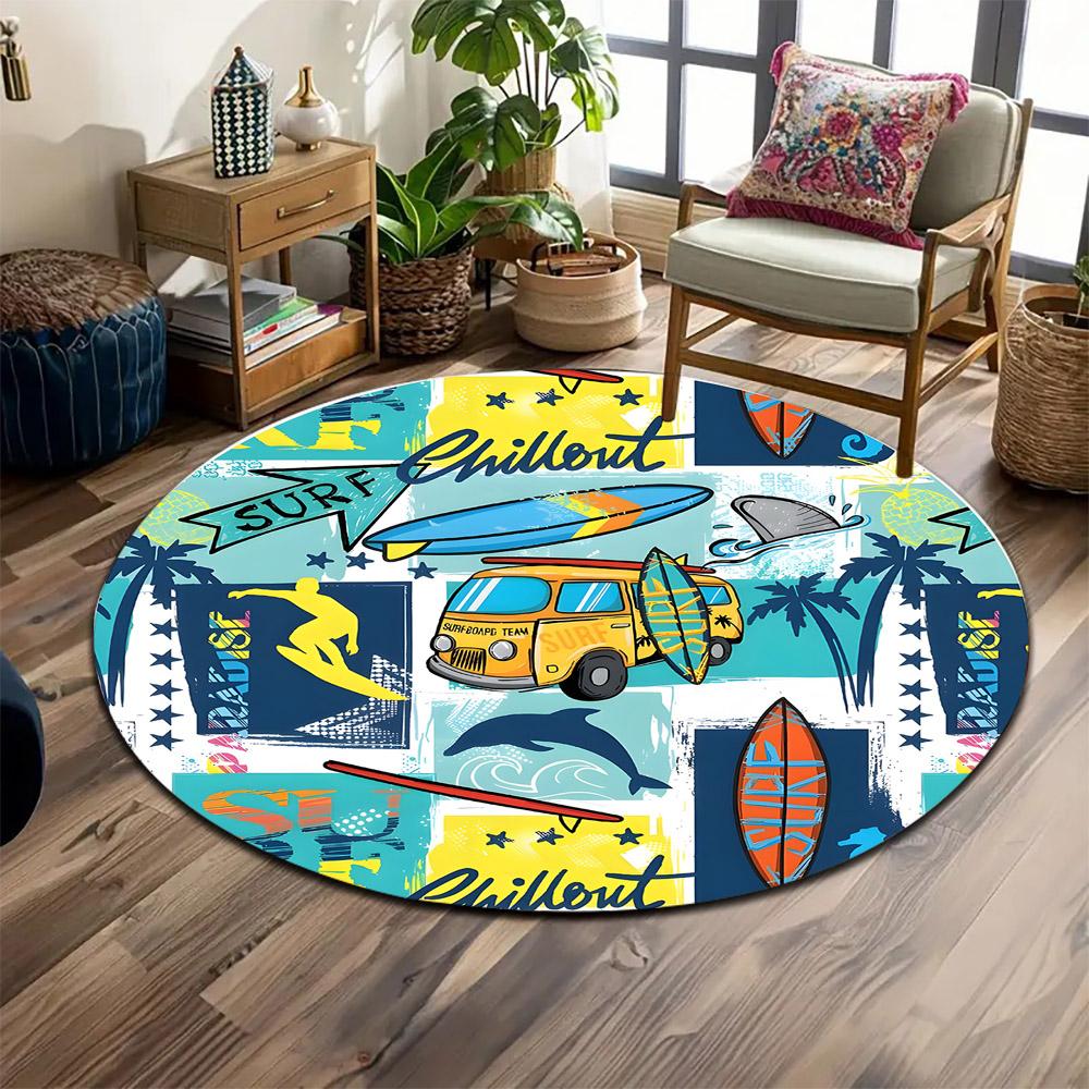 Surfing Adventure Graphic Carpet Print round rug, living room, bedroom, playroom carpet, non slip floor mat, gift