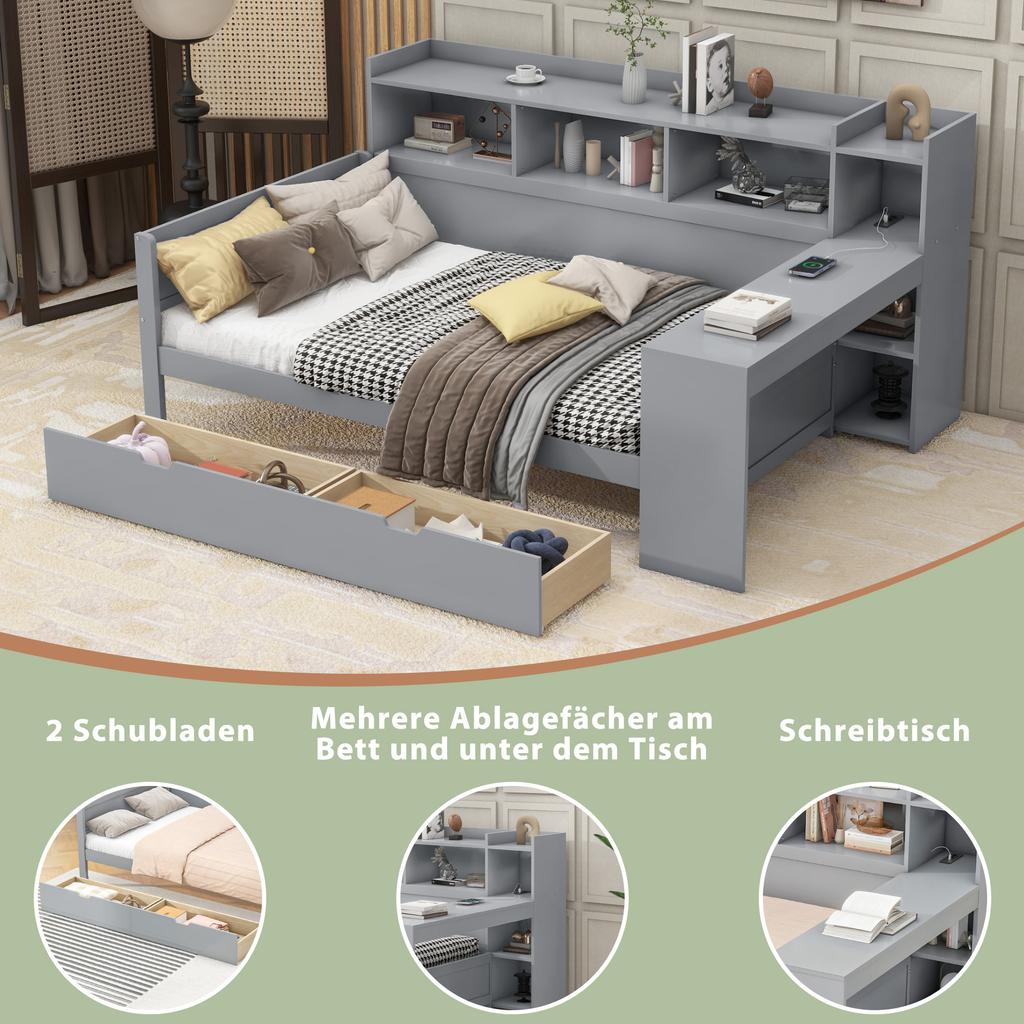 Sofa Bed, Daybed, 90 x 200 cm, Nightstand and Under-Table Shelf, Power Outlet and USB Port, 2 Drawers, Desk, without Mattress, Particleboard, Grey