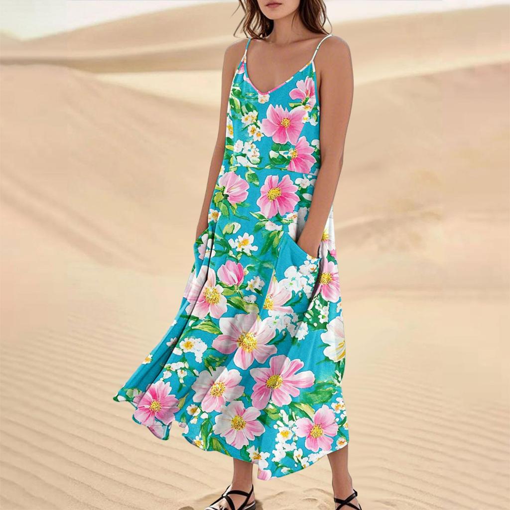 Женское модное повседневное длинное пляжное платье без рукавов с карманом и цветочным принтом