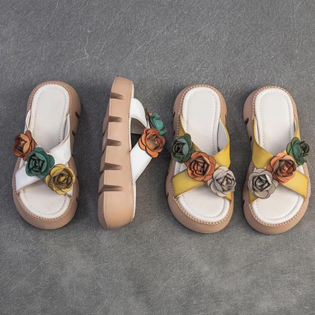 Johnature Женские туфли ручной работы с открытым носком в стиле ретро с цветочным принтом, легкие уличные тапочки из натуральной кожи на толстой подошве