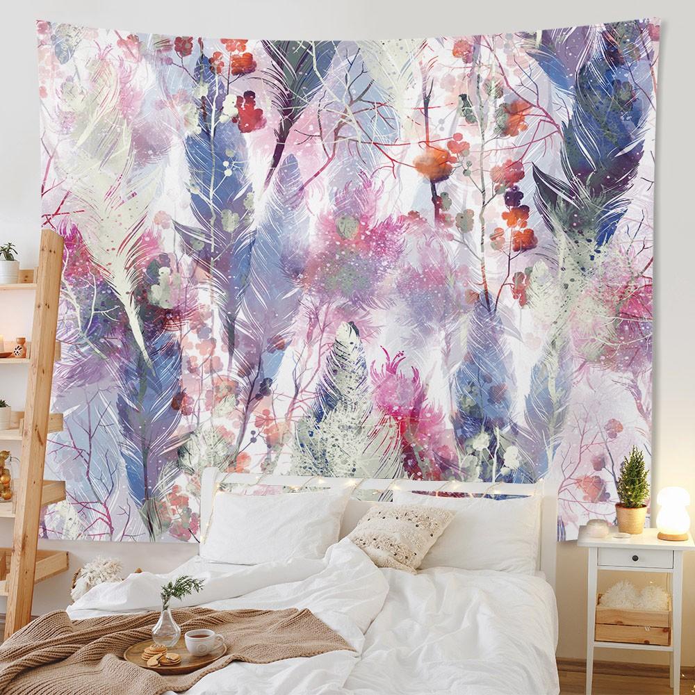 Bedroom Living Room Tapestry Home Decor Pink Feather Tapestry Feather Print Tapestry Background Decor