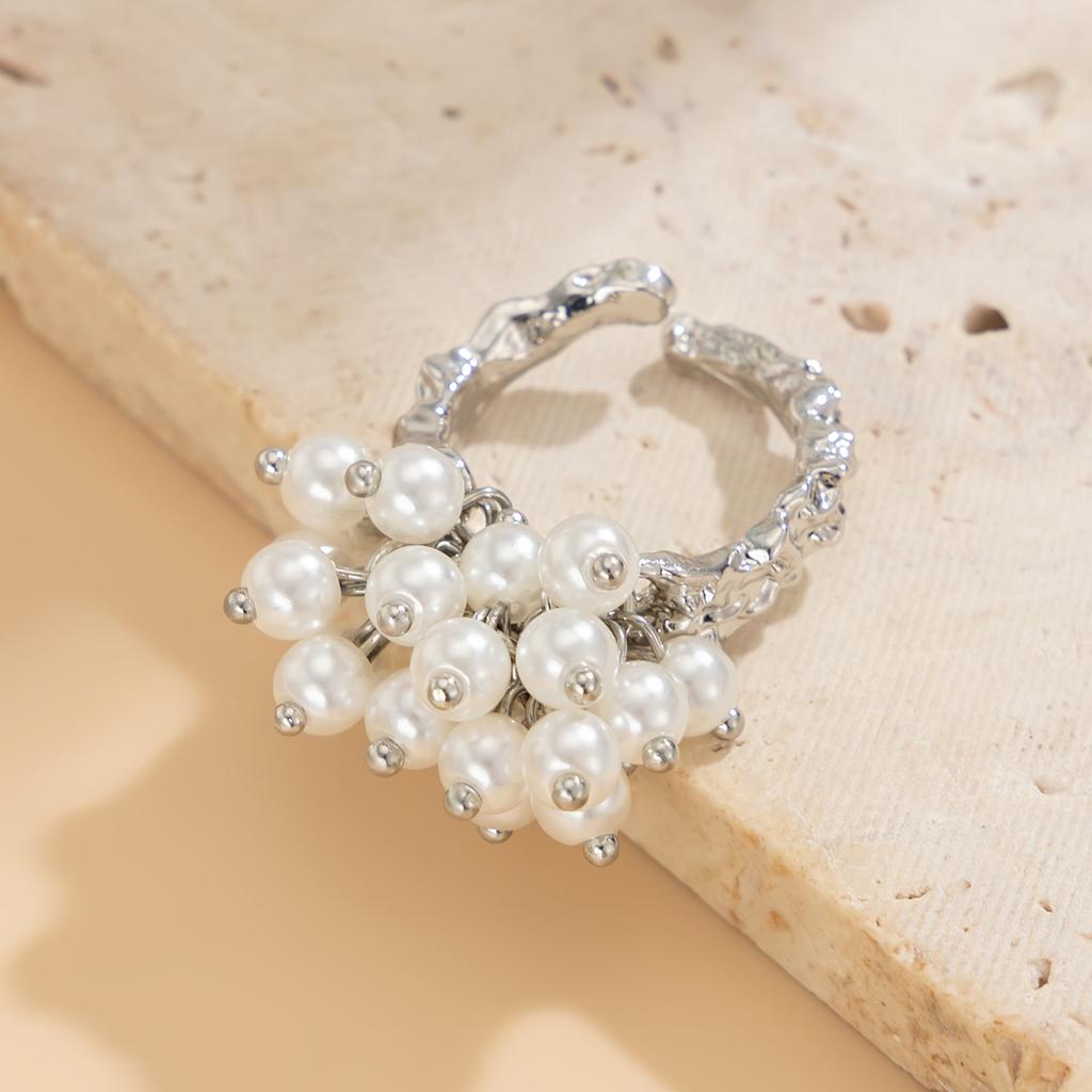 SHIXIN Vintage Creative Silver Color Large Flower Open Ring for Women Punk Imitation Pearl Party Adjustable Ring Finger Jewelry