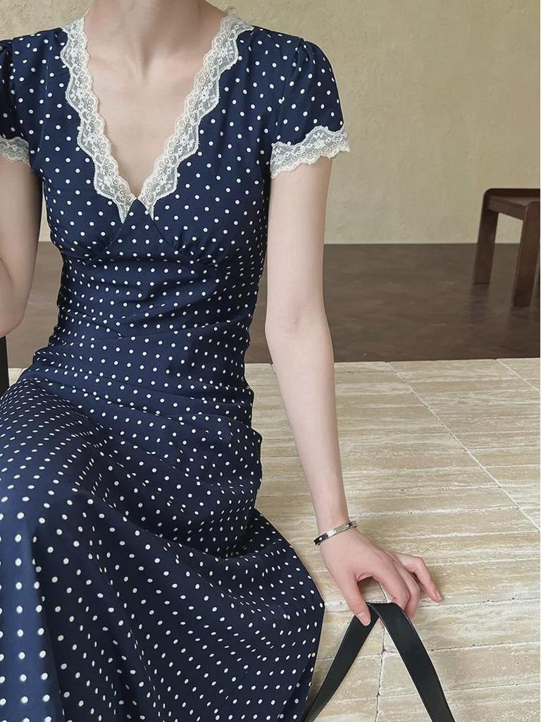Летнее платье Luxi с V-образным вырезом и французским кружевом в горошек - облегающая длинная юбка