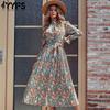 Women's Fashion Spring Fall Flower Pattern Print Long Sleeve Half Turtleneck High Waist Casual Dresses