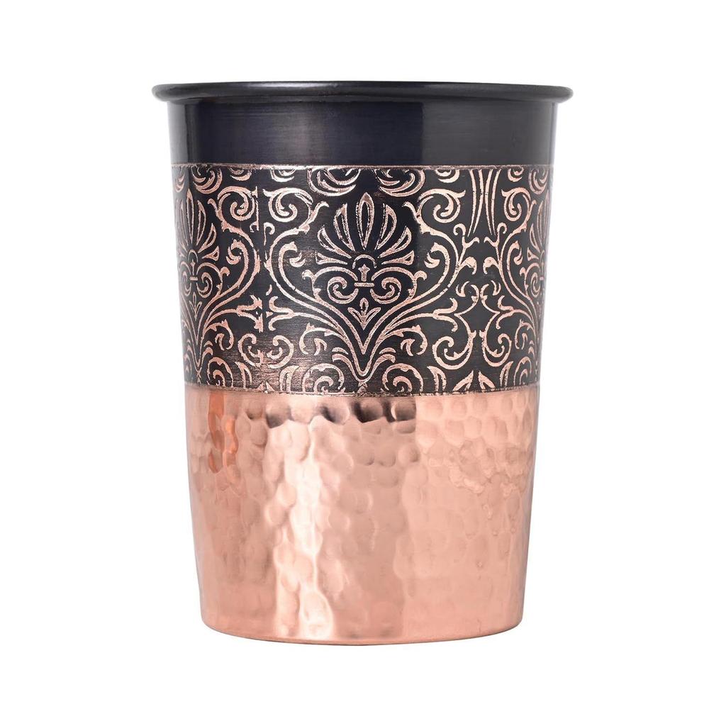 Copper Printed Design 250ML Water Glass with Rust Proof Protection for Home and Office Use Ayurveda and Yoga Health Benefits Glass Set of 6