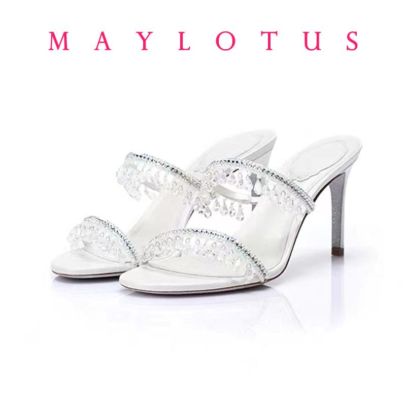 2025 Women's New Shimmering Crystals Summer Shoes Tassel Crystal Shoes Sexy Banquet Party Twin Stiletto Women's Large Sandals