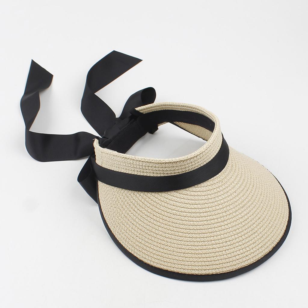 Women Sun Visor Hat Adjustable Wide Brim Bowknot Straw Hat Beach Hat