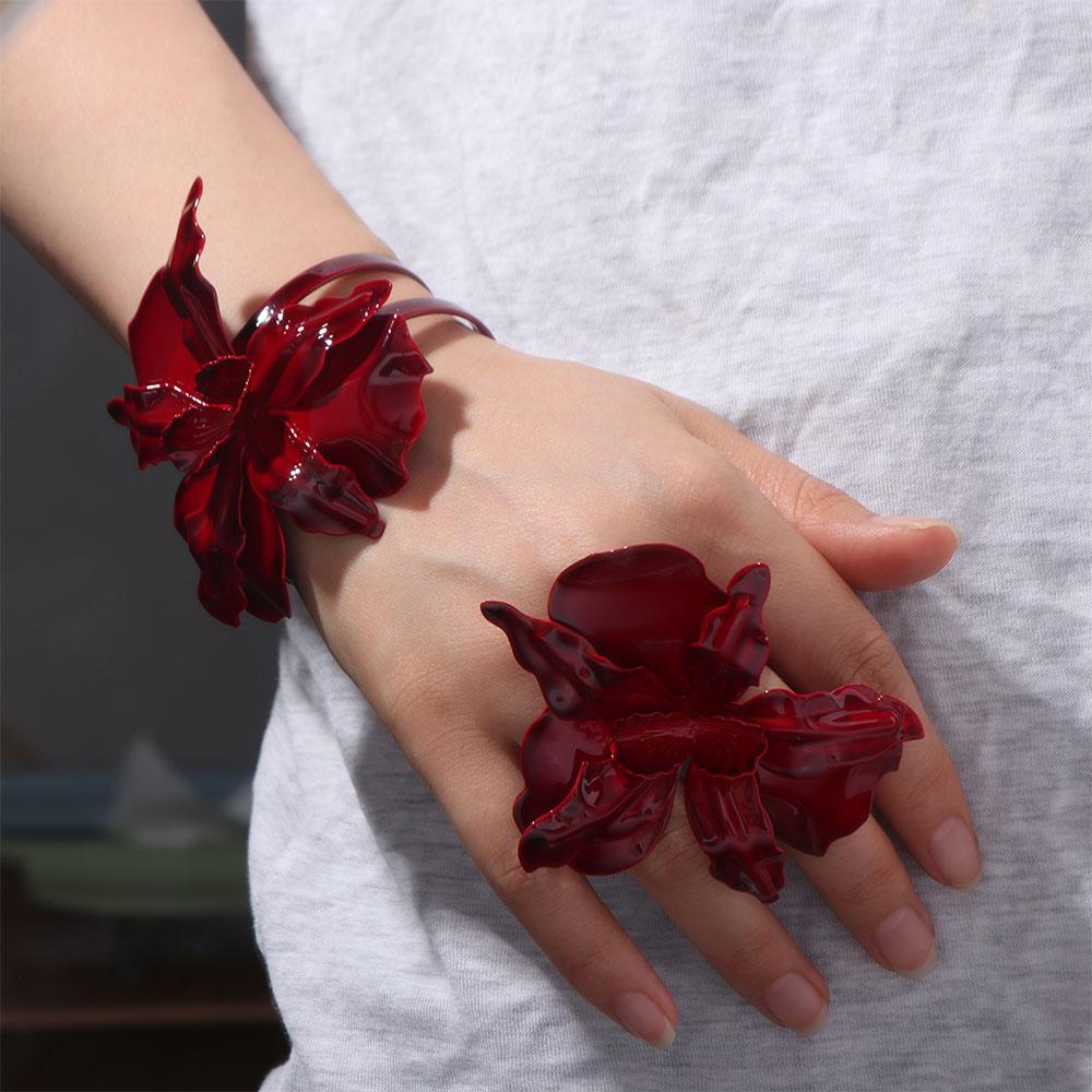 Red Large Flower Earrings Luxury Flower Necklace Bangle Rings Jewelry Accessories