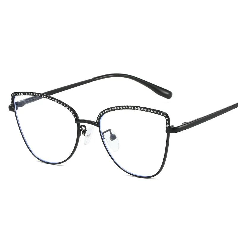 Metal Frame Cat Eye Eyeglass Diamond Bordered Anti Blue Light Glasses Fashionable Vintage Women Eyewear