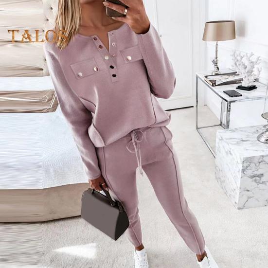 2 шт./комплект женский топ брюки костюм круглый вырез длинный рукав однотонная блузка эластичный пояс облегающие брюки повседневная одежда спортивный наряд осень весна