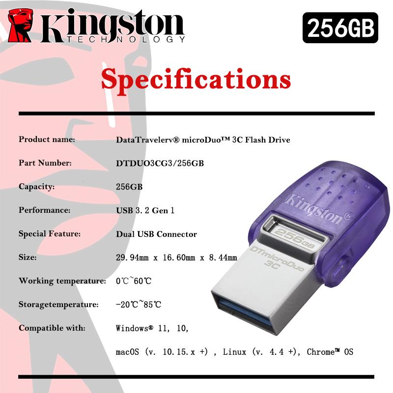 Kingston USB-флеш-накопитель Type-C USB3.2 Gen1 OTG 256 ГБ 128 ГБ/64 ГБ до 200 Мбит/с DTDUO3CG3 Высокоскоростной USB-накопитель с двойным разъемом для телефона и компьютера