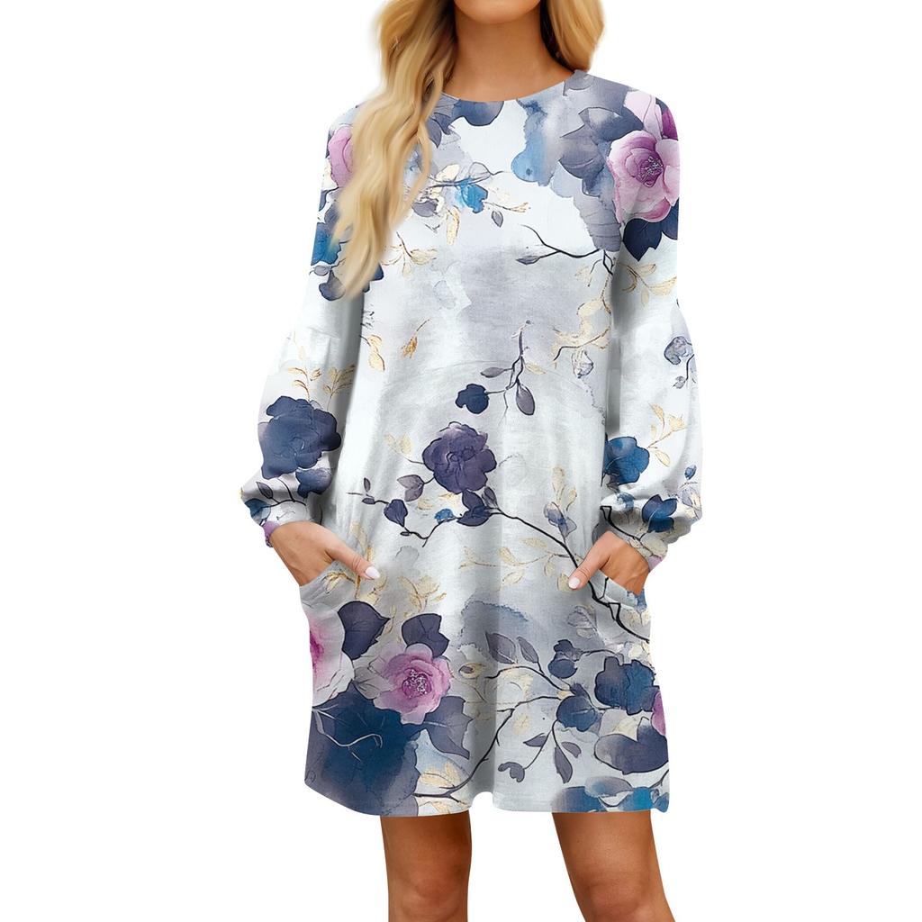 Модное женское платье трапециевидной формы с длинным рукавом. Осенний повседневный пуловер с круглым вырезом. Свободное платье с карманами.