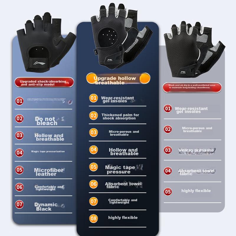 Li-Ning Fitness Gloves, Anti-Callus, Men's Sports Non-Slip, Barbell Dumbbell Training Equipment, Wrist Protection, Men's Fingerless Palm Guard