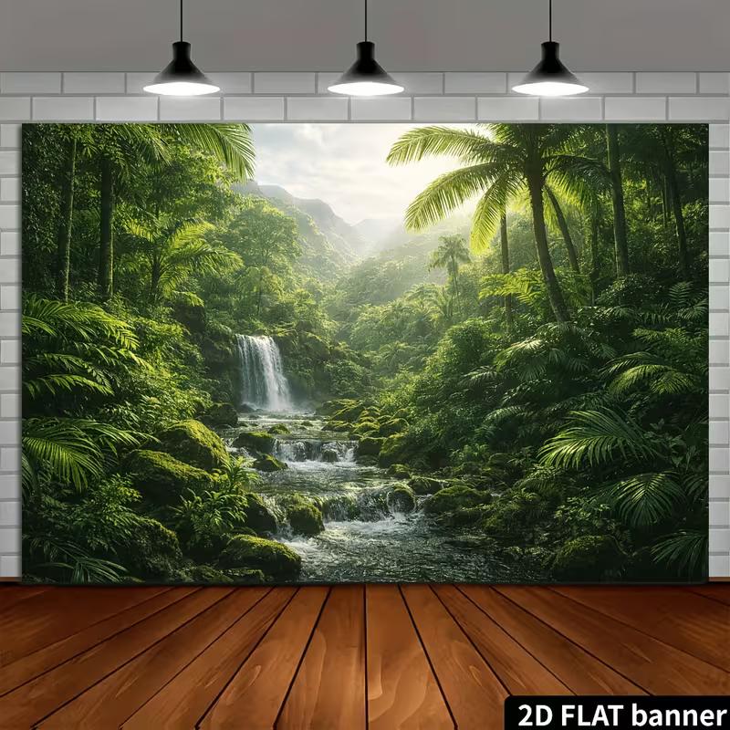 2D Lush Jungle Banner with Palm Trees and Mountains Photo Booth Background Cloth