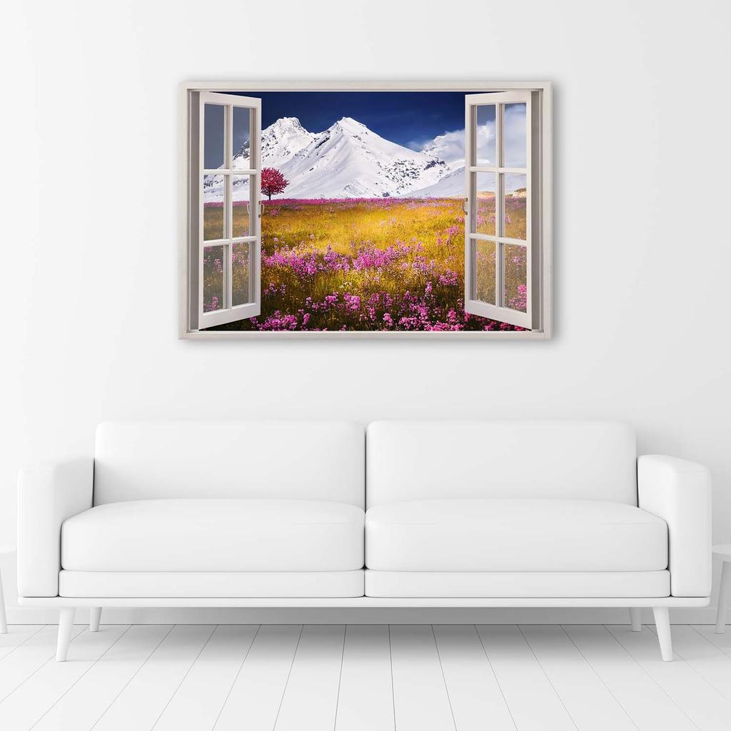 Canvas print, Window - snowy mountains