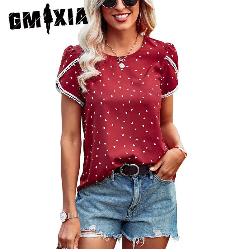 GMXIA Весна-лето Кружевная строчка с коротким рукавом футболка-основа для женщин