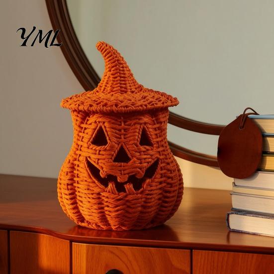Rustic Fall Aesthetic Halloween Pumpkin Lantern Tabletop Decor, Woven Witch Hat Candy Bowl & LED Gothic Home Decor Prop, Centerpiece for Shelf Mantel