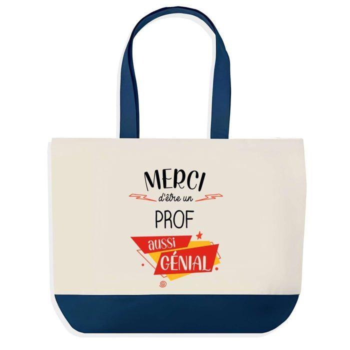 Tote bag - PLANETEE - Sac shopping fond bleu Merci Prof Génial - Coton - 40x45 cm - Bleu
