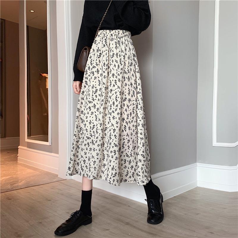 Vintage Floral Print A-line Long Skirts Summer Women Korean Skirt Streetwear Drawstring Elastic Waist Midi Skirt