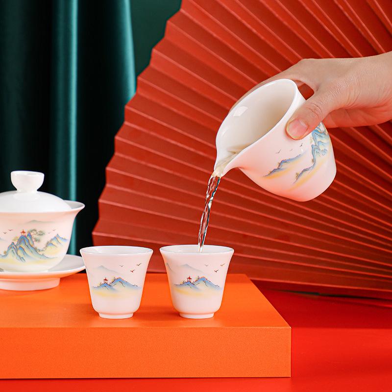 Suet Jade Kung Fu Tea Set Ceramic Gift Printing Home Office Real Estate Complete Set Cover Bowl Cup