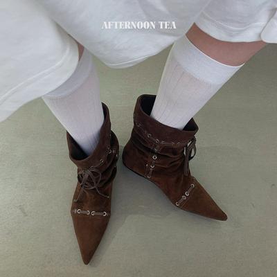 Одежда для ветреной погоды в стиле «старые деньги»! 2025 ретро ветер замша заостренные ремешки плиссированные присборенные ботинки на высокой платформе осень-зима короткие ботинки женские