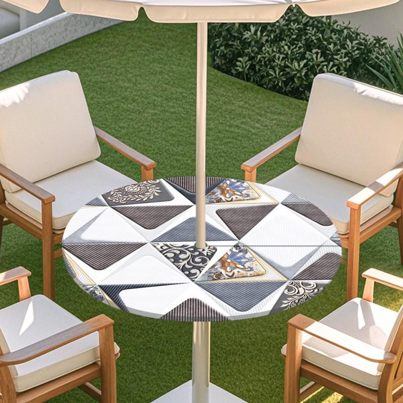 Outdoor Round Tablecloth With Tile Print Waterproof Elastic Edge Patio Garden Dining Table