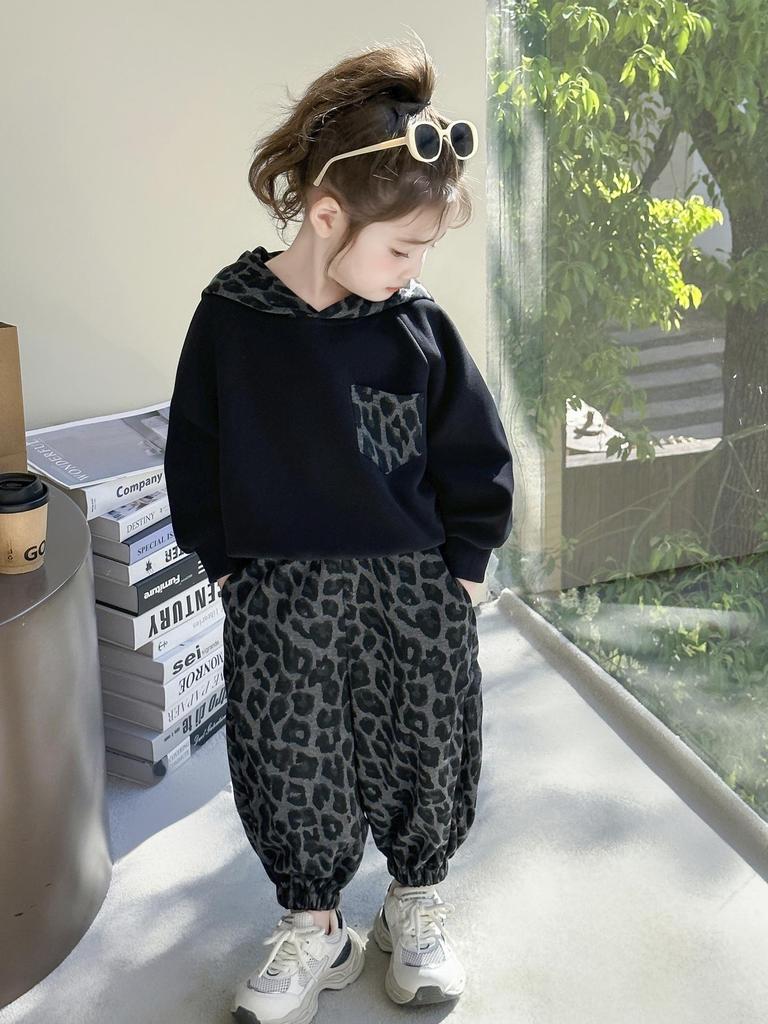 Girls' Korean-Style Leopard Print Hooded Sweatshirt and Pants Set - 2025 Spring/Autumn Fashion