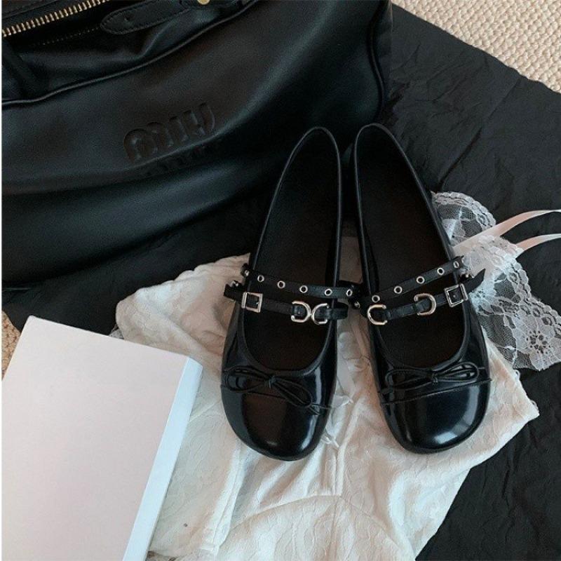 Fashion Women's Flat Shoes Fall New Square Head Shallow Mouth Butterfly Knot Rivet Soft Sole Non-slip Low Top Single Shoes