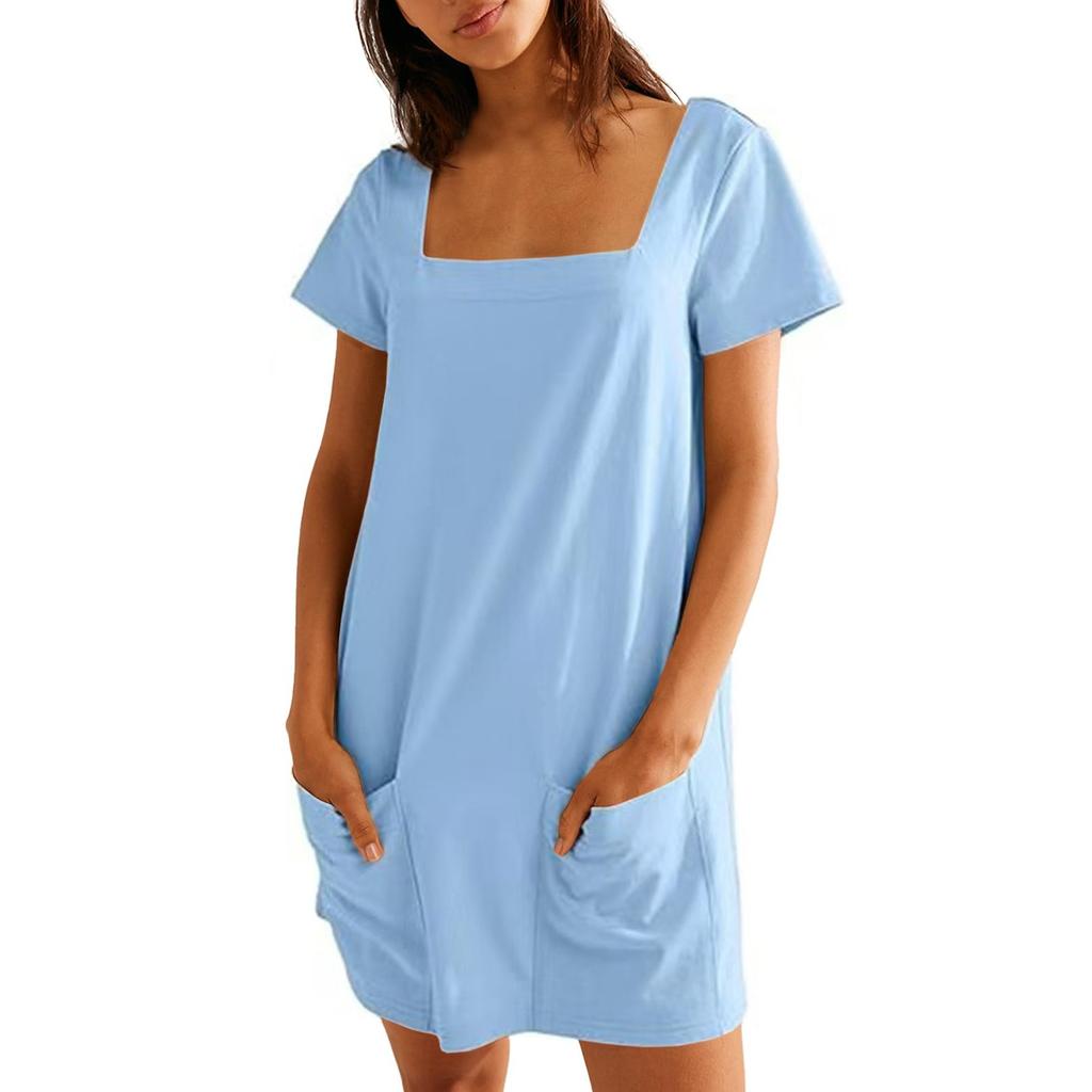 Женское однотонное повседневное платье с квадратным воротником и короткими рукавами, юбкой и карманом