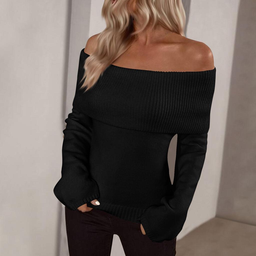 Пуловеры Джемперы Топы Женские С открытыми плечами Складной свитер Вязаные Осенние свитера