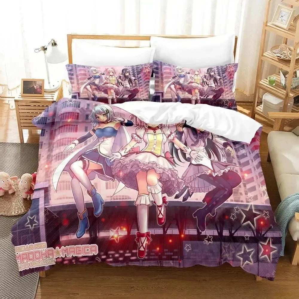 Мультяшный комплект постельного белья Puella Magi Madoka Magica: удобное одеяло, пододеяльник, наволочка. Декор детской комнаты, домашний текстиль.