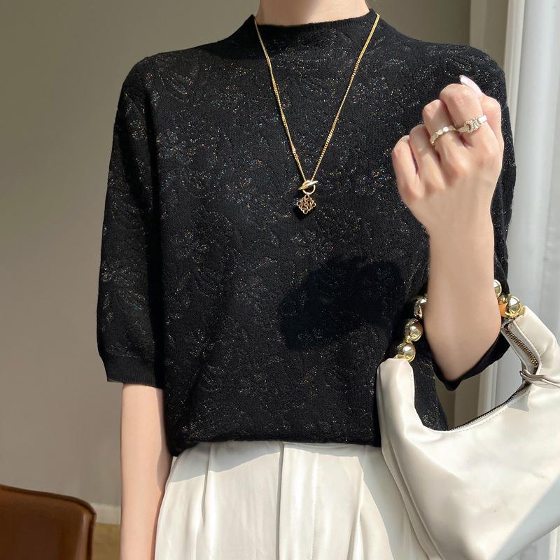 Универсальная женская футболка с короткими рукавами и полувысоким воротником из жаккардового шелкового трикотажа в корейском стиле