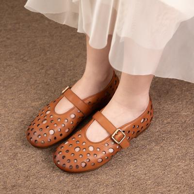 Сандалии на плоской подошве с круглым носком из натуральной кожи, однотонная женская обувь в стиле ретро с пряжкой