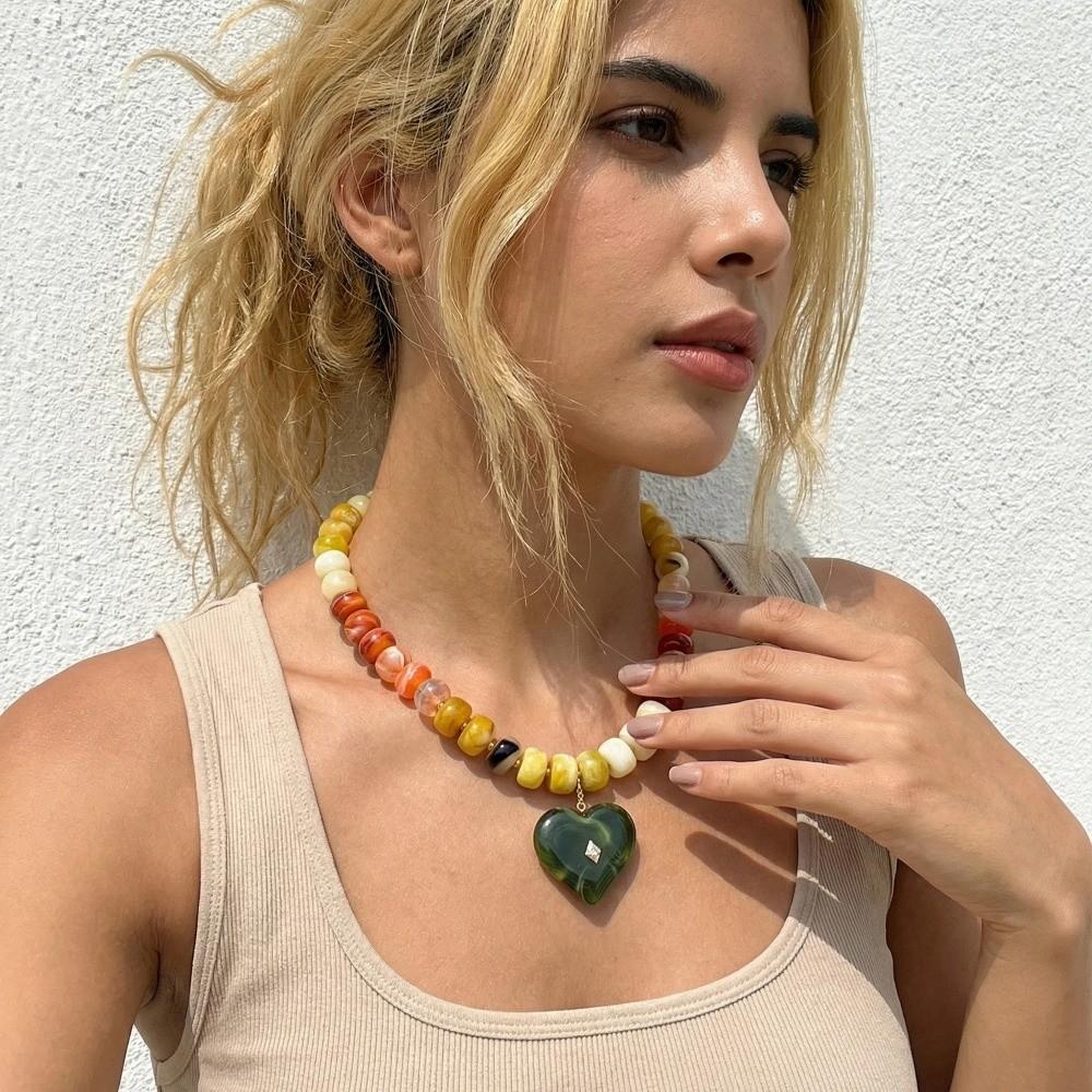 Colorful Beads Chunky Beads Necklace Heart-shaped Collarbone Chain Pendant Necklace Jewelry Gifts