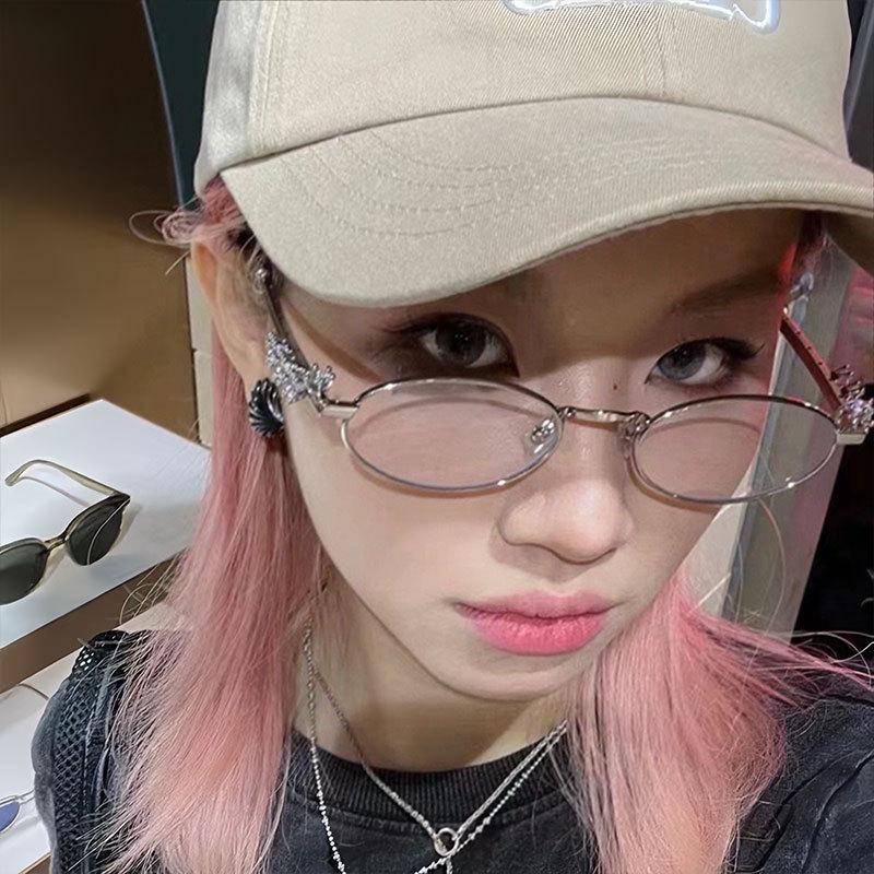 Овальные очки Y2K с серебряной оправой, инкрустированные бриллиантами GM - Женская маленькая оправа, совместимая с миопией, макияж-фри.