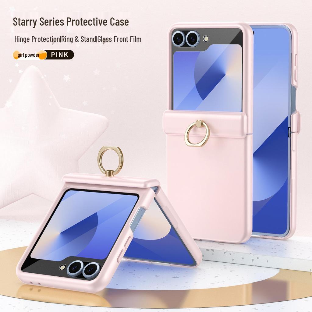 Противоударный чехол для телефона Samsung Z Flip7/6/5 с кольцом-подставкой на 4/3 пальца и пленкой с полным покрытием